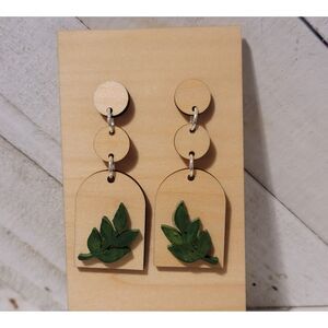 Handmade Green Leaf Wood Earrings Botanical Arch Dangle Lightweight Boho
